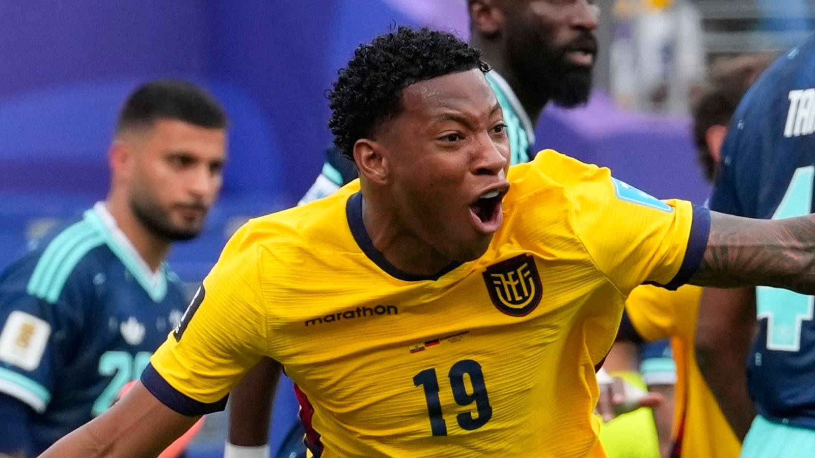 Ecuador players celebrate Gonzalo Plata's late winning goal against Germany at MetLife Stadium during World Cup 2026